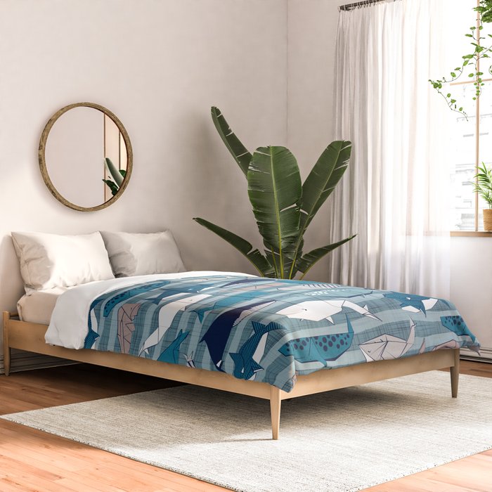 Origami Sea // linen texture and nautical stripes background teal white and taupe whales Comforter Gallery Image 2