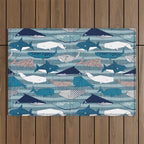 Origami Sea // linen texture and nautical stripes background teal white and taupe whales Outdoor Rug Gallery Image 1