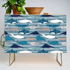 Origami Sea // linen texture and nautical stripes background teal white and taupe whales Credenza Gallery Image 1