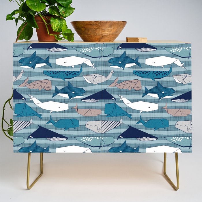 Origami Sea // linen texture and nautical stripes background teal white and taupe whales Credenza Gallery Image 1