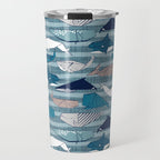 Origami Sea // linen texture and nautical stripes background teal white and taupe whales Travel Mug Gallery Image 1