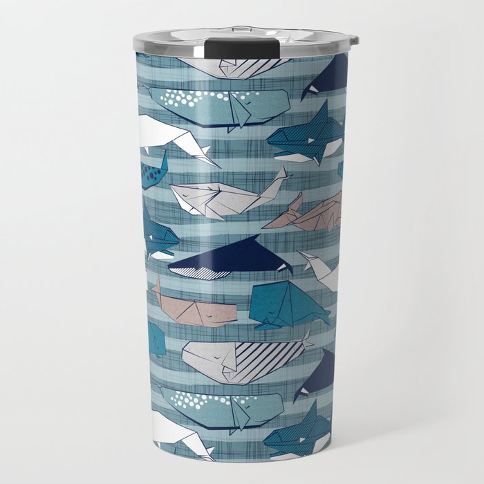 Origami Sea // linen texture and nautical stripes background teal white and taupe whales Travel Mug Gallery Image 1