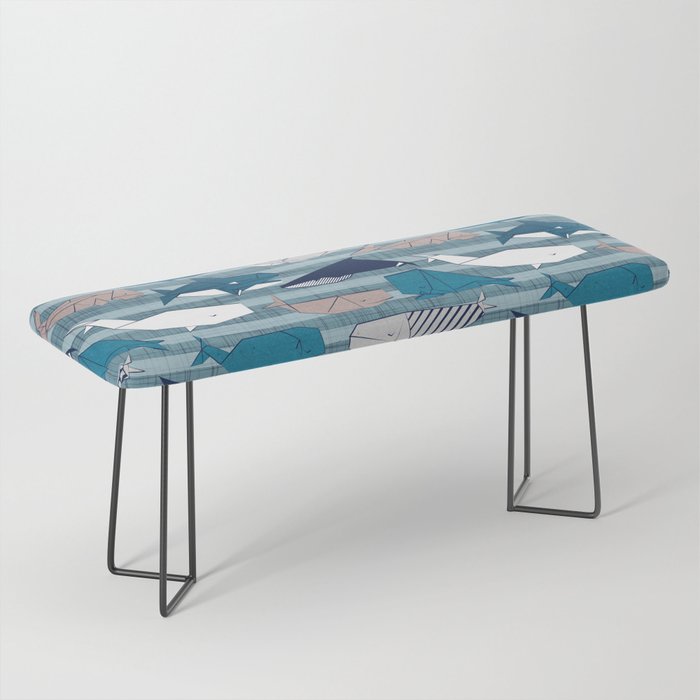 Origami Sea // linen texture and nautical stripes background teal white and taupe whales Bench Gallery Image 1