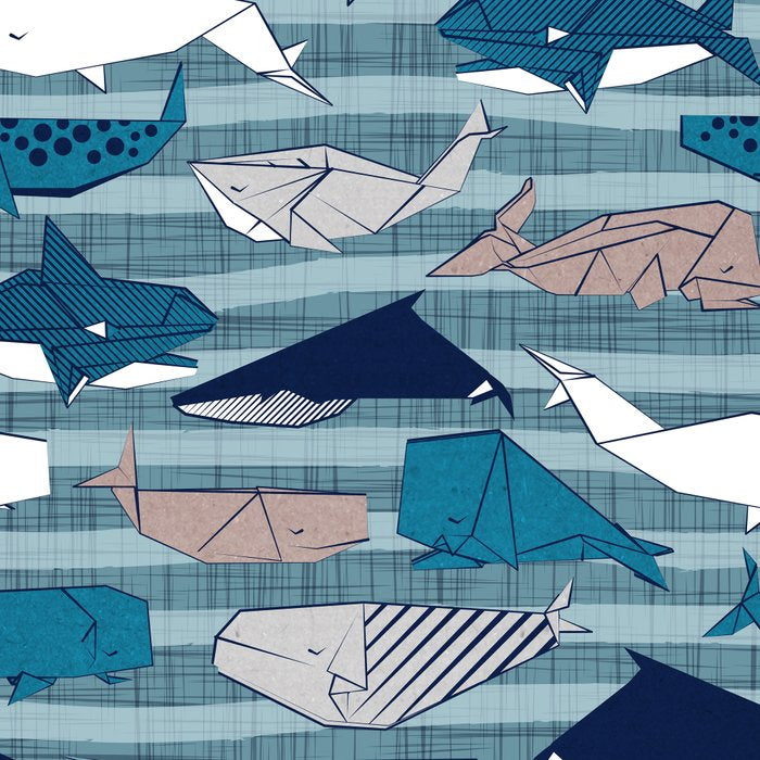 Origami Sea // linen texture and nautical stripes background teal white and taupe whales Coffee Mug Gallery Image 2