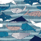 Origami Sea // linen texture and nautical stripes background teal white and taupe whales Coffee Mug Gallery Image 2