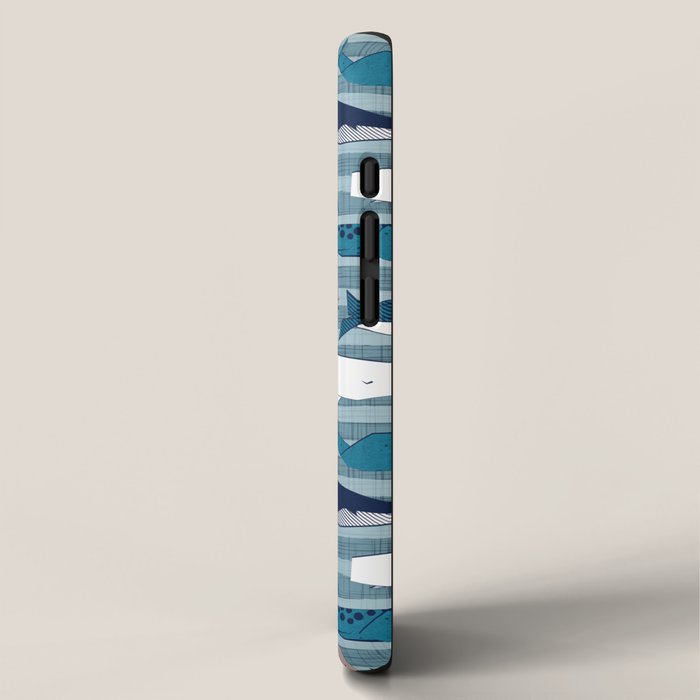 Origami Sea // linen texture and nautical stripes background teal white and taupe whales iPhone Case Gallery Image 2