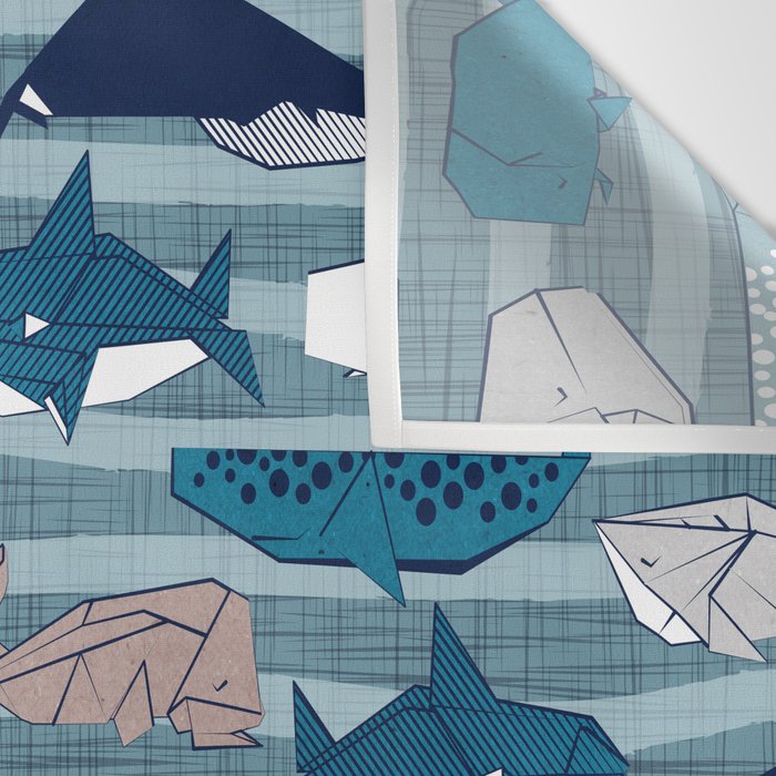 Origami Sea // linen texture and nautical stripes background teal white and taupe whales Wall Tapestry Gallery Image 3