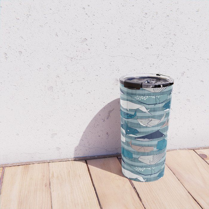 Origami Sea // linen texture and nautical stripes background teal white and taupe whales Travel Mug Gallery Image 4