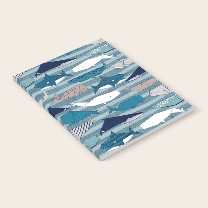Origami Sea // linen texture and nautical stripes background teal white and taupe whales Notebook Gallery Image 1