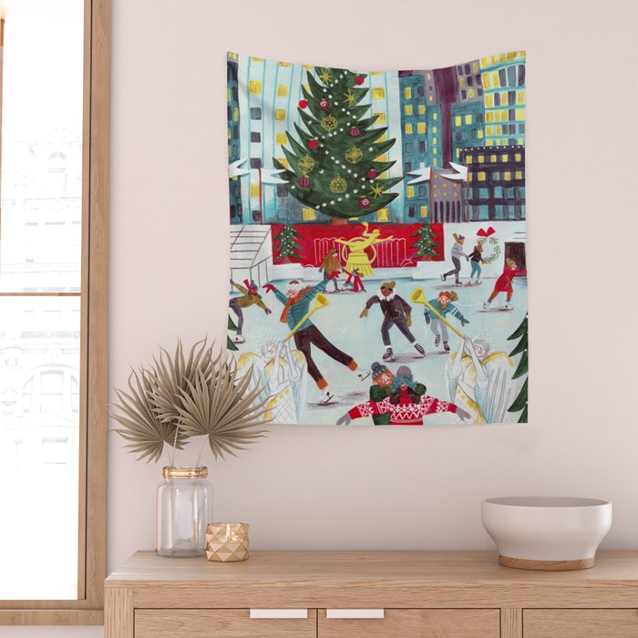 New York city ice rink Rockefeller center skating Wall Tapestry Gallery Image 2