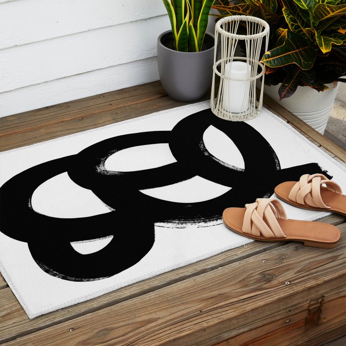 Black & White Minimalist Abstract Mid century Ink Art Dark Brush Strokes Outdoor Rug Gallery Image 2