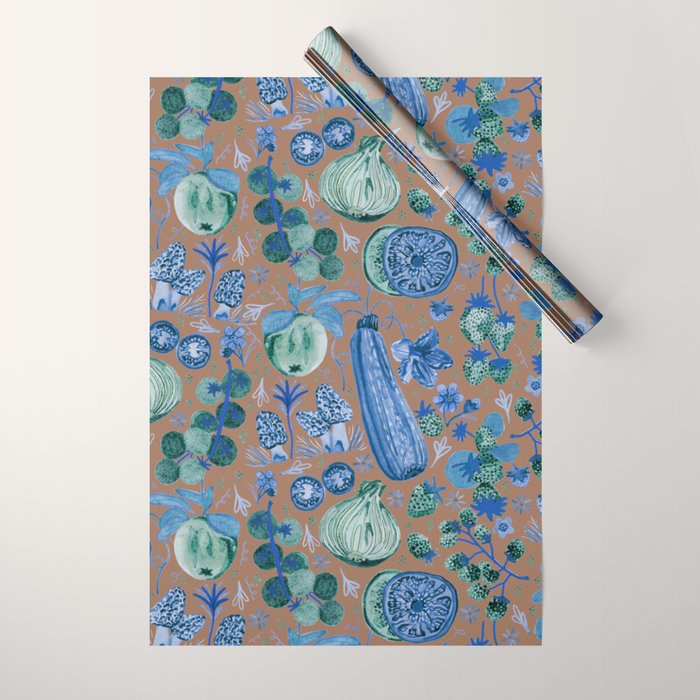 Garden Vegetables & Fresh Fruit in Blue Midnight Wrapping Paper Gallery Image 1