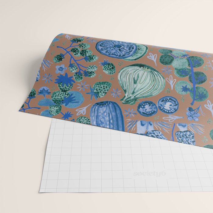 Garden Vegetables & Fresh Fruit in Blue Midnight Wrapping Paper Gallery Image 2