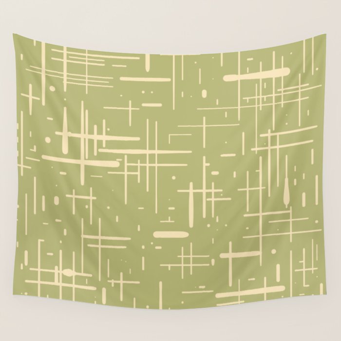 Mid-Century Modern Kinetikos Pattern in Light Avocado Green and Cream Beige Wall Tapestry Gallery Image 4