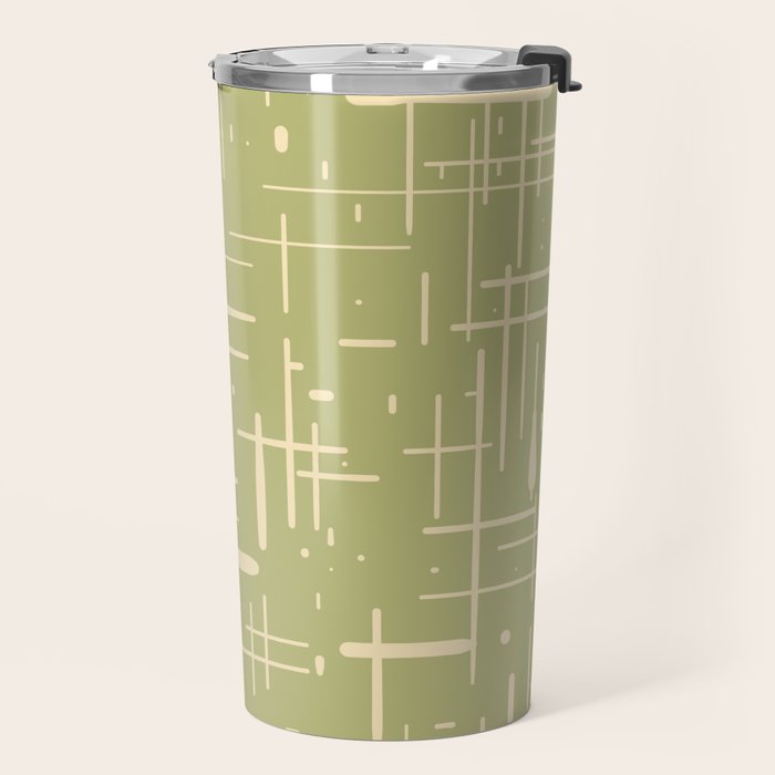 Mid-Century Modern Kinetikos Pattern in Light Avocado Green and Cream Beige Travel Mug Gallery Image 2