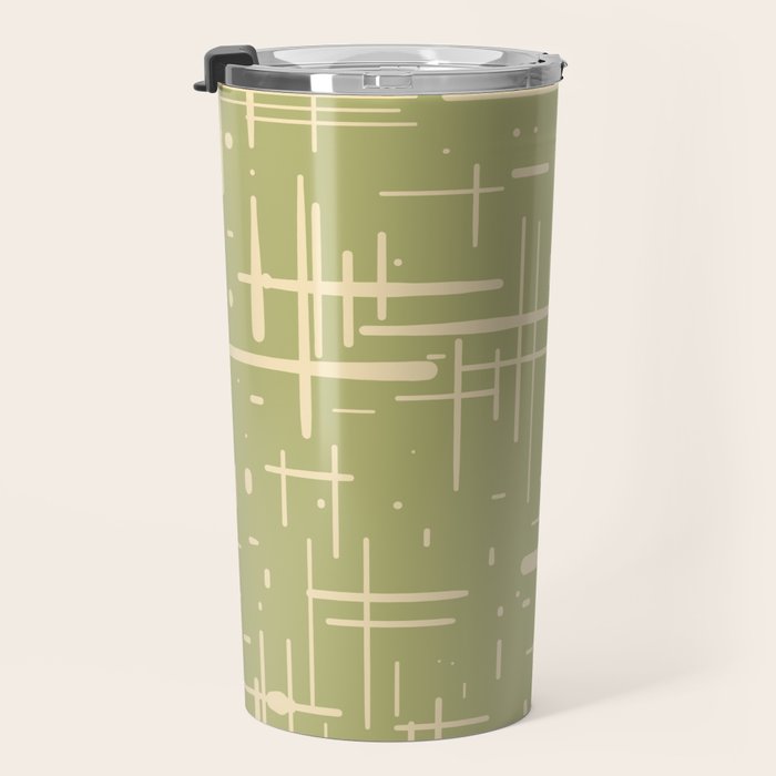 Mid-Century Modern Kinetikos Pattern in Light Avocado Green and Cream Beige Travel Mug Gallery Image 3