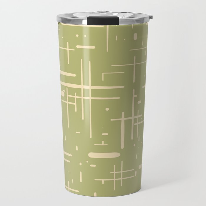 Mid-Century Modern Kinetikos Pattern in Light Avocado Green and Cream Beige Travel Mug Gallery Image 1
