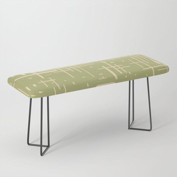 Mid-Century Modern Kinetikos Pattern in Light Avocado Green and Cream Beige Bench Gallery Image 1