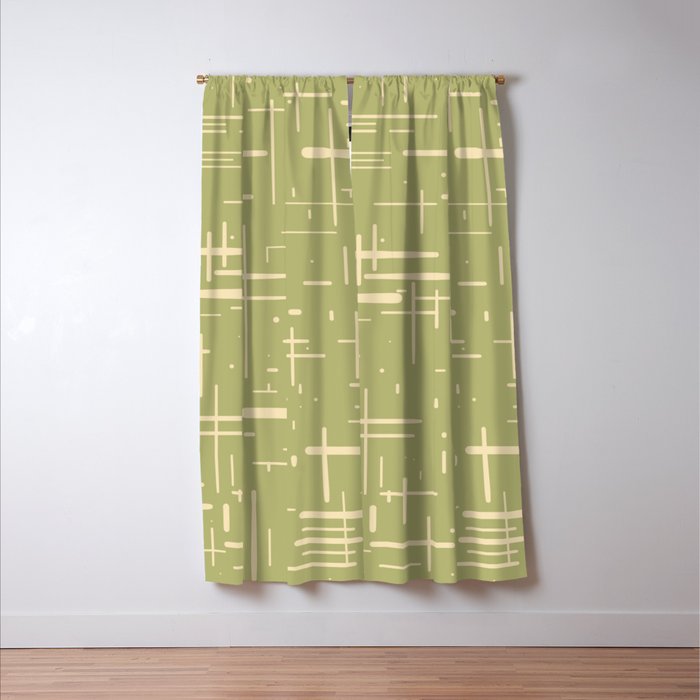 Mid-Century Modern Kinetikos Pattern in Light Avocado Green and Cream Beige Window Curtain Gallery Image 3