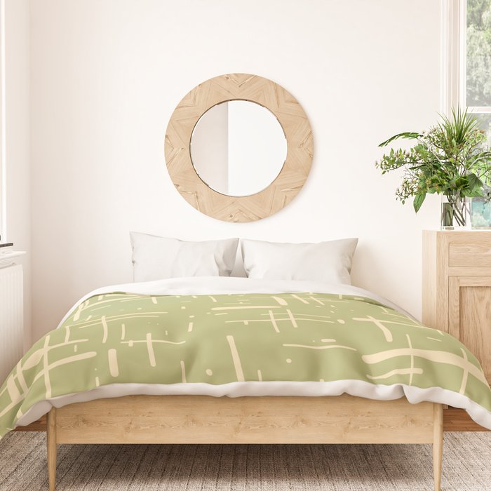 Mid-Century Modern Kinetikos Pattern in Light Avocado Green and Cream Beige Duvet Cover Gallery Image 3