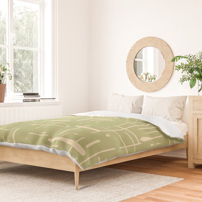 Mid-Century Modern Kinetikos Pattern in Light Avocado Green and Cream Beige Duvet Cover Gallery Image 2