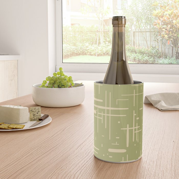 Mid-Century Modern Kinetikos Pattern in Light Avocado Green and Cream Beige Wine Chiller Gallery Image 4
