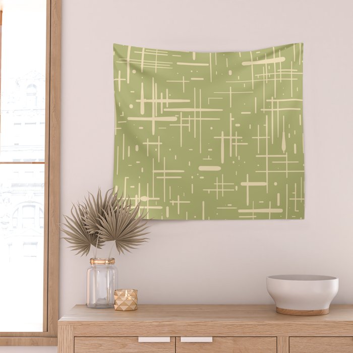 Mid-Century Modern Kinetikos Pattern in Light Avocado Green and Cream Beige Wall Tapestry Gallery Image 2