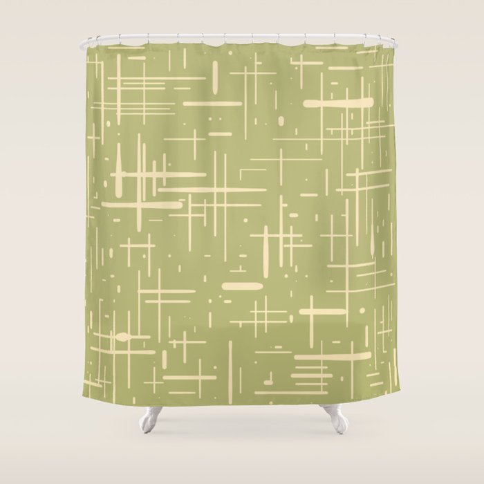 Mid-Century Modern Kinetikos Pattern in Light Avocado Green and Cream Beige Shower Curtain Gallery Image 1
