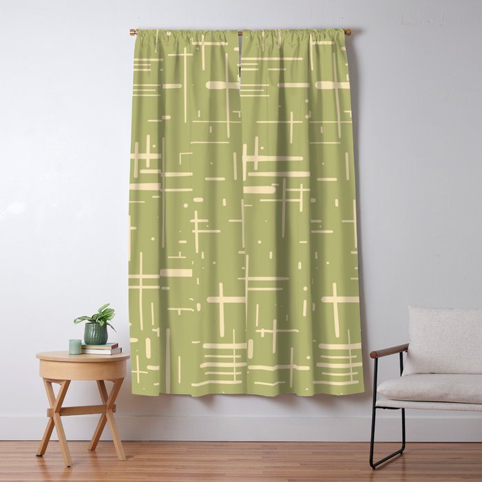 Mid-Century Modern Kinetikos Pattern in Light Avocado Green and Cream Beige Window Curtain Gallery Image 5