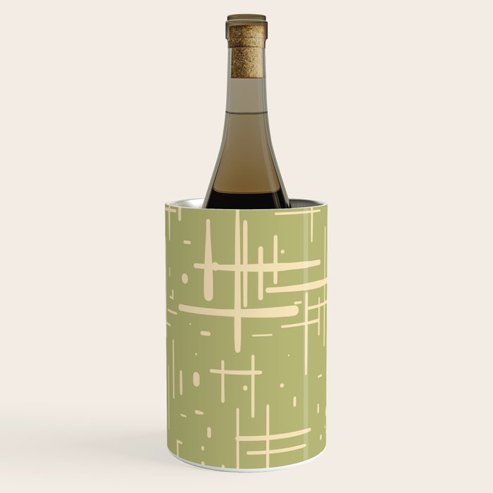 Mid-Century Modern Kinetikos Pattern in Light Avocado Green and Cream Beige Wine Chiller Gallery Image 2