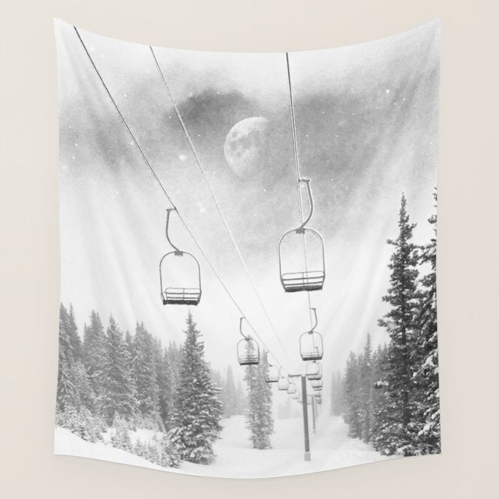 Ski Lift Moon Break // Riding the Mountain at Copper Colorado Luna Sky Peeking Foggy Clouds Wall Tapestry Gallery Image 1