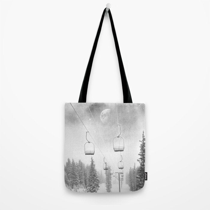 Ski Lift Moon Break // Riding the Mountain at Copper Colorado Luna Sky Peeking Foggy Clouds Tote Bag Gallery Image 2