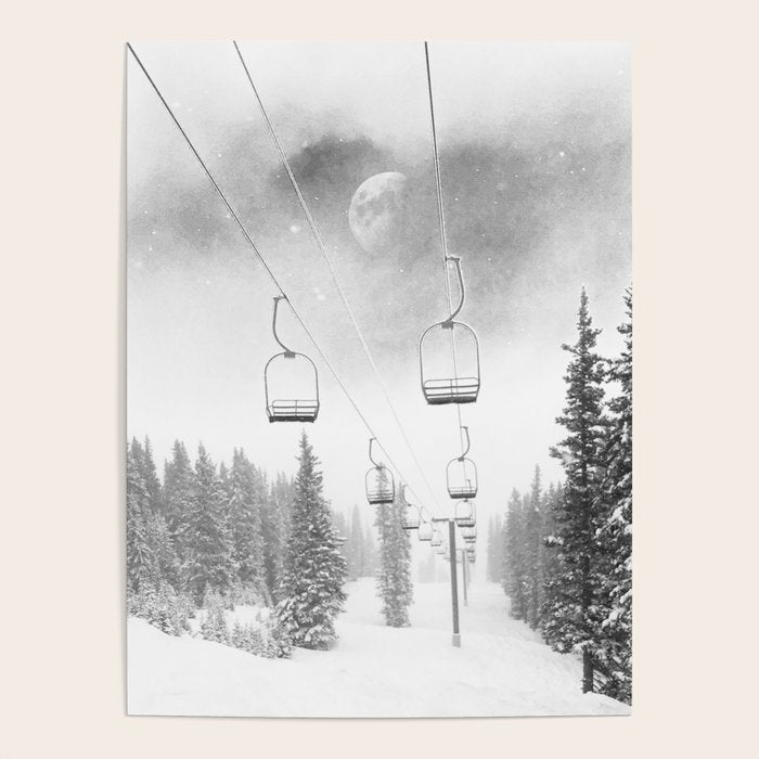 Ski Lift Moon Break // Riding the Mountain at Copper Colorado Luna Sky Peeking Foggy Clouds Poster Gallery Image 1