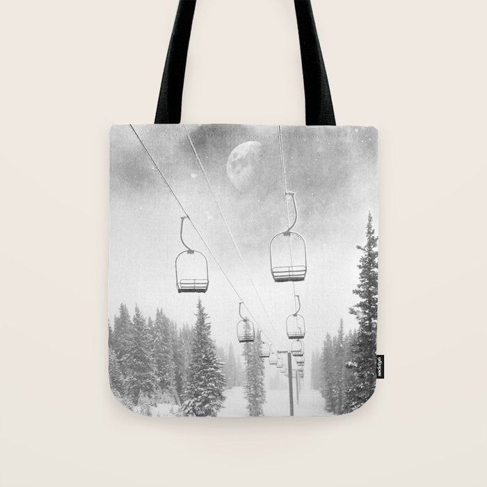 Ski Lift Moon Break // Riding the Mountain at Copper Colorado Luna Sky Peeking Foggy Clouds Tote Bag Gallery Image 1