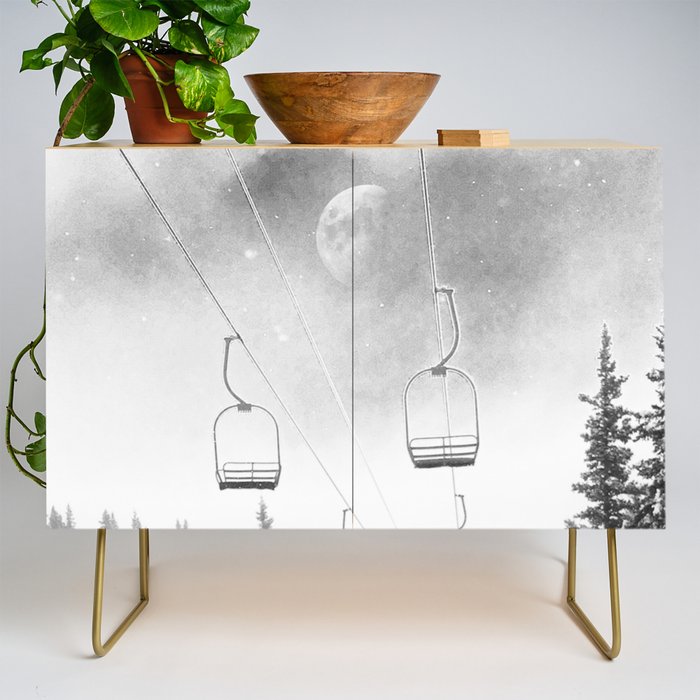Ski Lift Moon Break // Riding the Mountain at Copper Colorado Luna Sky Peeking Foggy Clouds Credenza Gallery Image 1