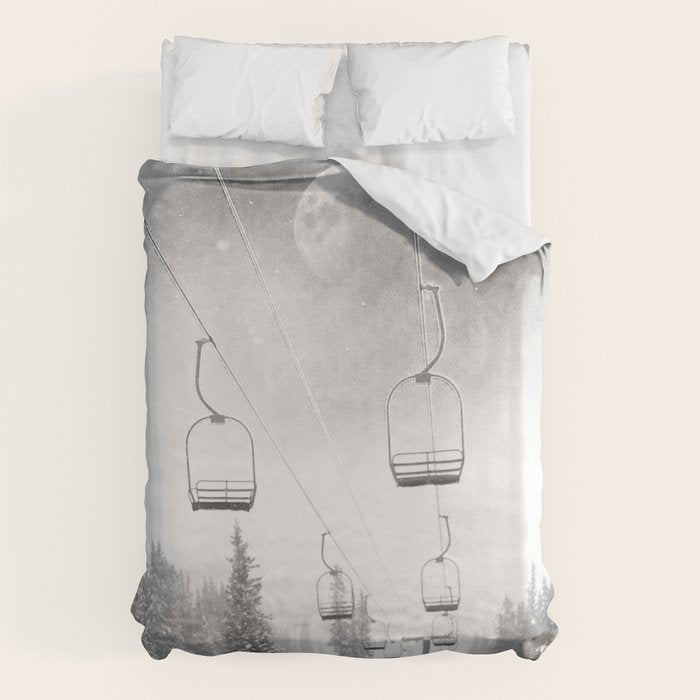 Ski Lift Moon Break // Riding the Mountain at Copper Colorado Luna Sky Peeking Foggy Clouds Duvet Cover Gallery Image 1