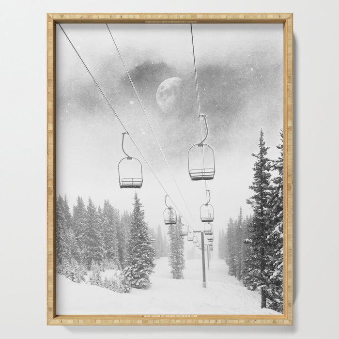 Ski Lift Moon Break // Riding the Mountain at Copper Colorado Luna Sky Peeking Foggy Clouds Serving Tray Gallery Image 1