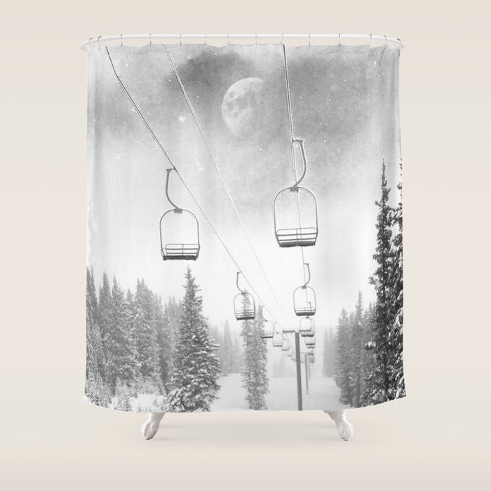 Ski Lift Moon Break // Riding the Mountain at Copper Colorado Luna Sky Peeking Foggy Clouds Shower Curtain Gallery Image 1