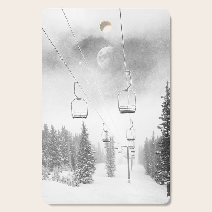 Ski Lift Moon Break // Riding the Mountain at Copper Colorado Luna Sky Peeking Foggy Clouds Cutting Board Gallery Image 1
