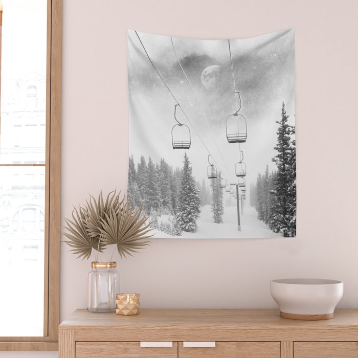 Ski Lift Moon Break // Riding the Mountain at Copper Colorado Luna Sky Peeking Foggy Clouds Wall Tapestry Gallery Image 2