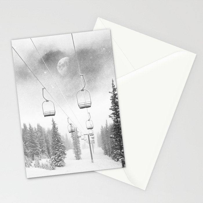 Ski Lift Moon Break // Riding the Mountain at Copper Colorado Luna Sky Peeking Foggy Clouds Stationery Card Gallery Image 2