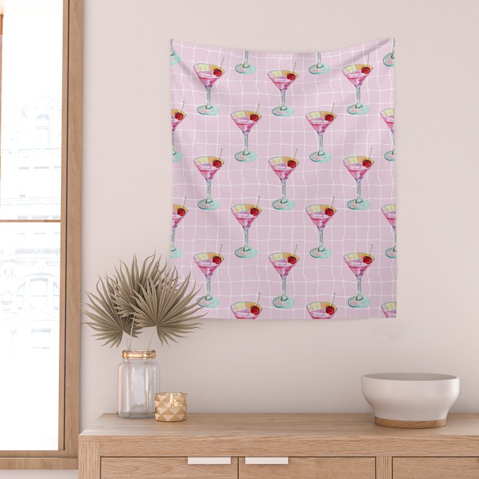 Pink Aesthetic Martini Glass with Cherry Wall Tapestry Gallery Image 2