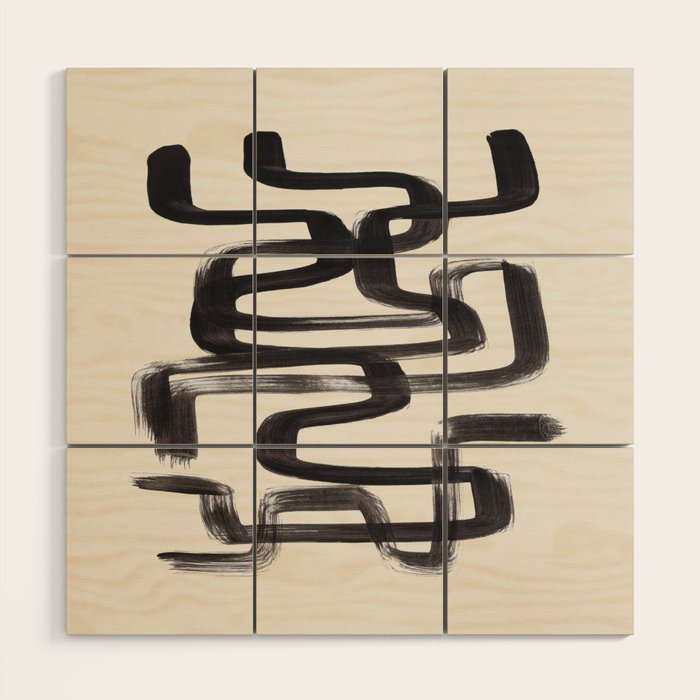 Mid Century Modern Minimalist Abstract Art Brush Strokes Black & White Ink Art Pipe Maze Wood Wall Art Gallery Image 1