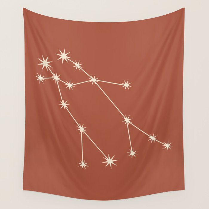 Gemini Zodiac Star Constellation Line Art Terracotta Red Wall Tapestry Gallery Image 4