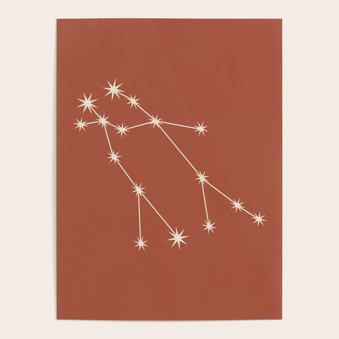 Gemini Zodiac Star Constellation Line Art Terracotta Red Poster Gallery Image 1