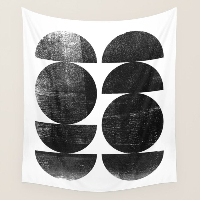 Black and White Mid Century Modern Circles Abstract Wall Tapestry Gallery Image 1