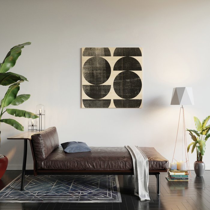 Black and White Mid Century Modern Circles Abstract Wood Wall Art Gallery Image 2