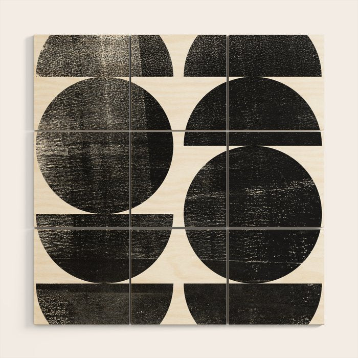 Black and White Mid Century Modern Circles Abstract Wood Wall Art Gallery Image 1
