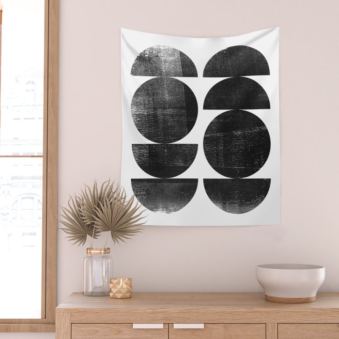 Black and White Mid Century Modern Circles Abstract Wall Tapestry Gallery Image 2