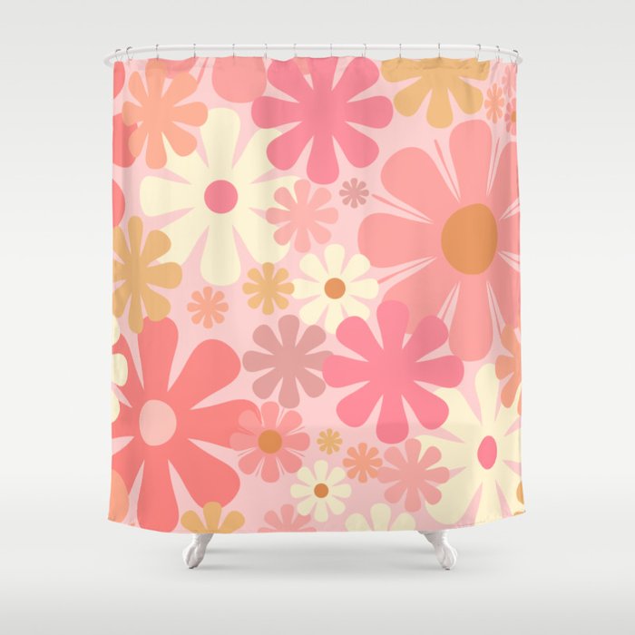 Pink Retro Flowers 60s 70s Floral Pattern in Blush Shower Curtain Gallery Image 1